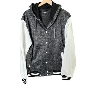 ROK Mens Black Mar White Bomber Jacket Size Medium Hoodie Snap‎ Long Sleeve